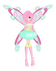 Size: 3200x4092 | Tagged: safe, artist:iikiui, derpibooru import, fluttershy, fairy, believix, belly button, clothes, fairy wings, fairyized, humanized, image, midriff, pink wings, png, skinny, skirt, solo, sparkly wings, wings, winx club, winxified