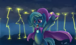 Size: 1846x1104 | Tagged: safe, artist:mrs1989, derpibooru import, trixie, pony, unicorn, female, lightning, mare, solo, thunder