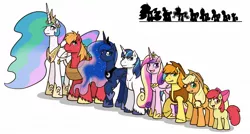 Size: 1280x686 | Tagged: safe, artist:redhotkick, derpibooru import, apple bloom, applejack, big macintosh, braeburn, princess cadance, princess celestia, princess luna, shining armor, earth pony, pony, line-up, male, size chart, size comparison, stallion