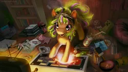 Size: 1500x844 | Tagged: safe, artist:hinoraito, derpibooru import, firefly, oc, oc:starbuck cloudhoof, unofficial characters only, cat, pony, binder, book, bookcase, bowl, box, can, cd, chibiterasu, creeper, cupcake, diy, final fantasy, gamer, hammer, hinoratio, interior, kingdom hearts, male, mario, minecraft, mirror's edge, mug, nintendo, okami, paint, playing, playstation, plushie, screw, snacks, solo, stallion, straw, super mario bros., technical advanced, television, toy, video game