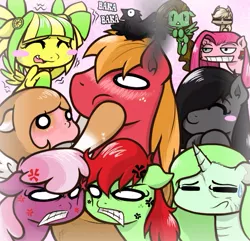 Size: 543x523 | Tagged: safe, artist:redhotkick, derpibooru import, applejack, big macintosh, cheerilee, marble pie, pinkie pie, oc, earth pony, pony, ask big red macintosh, anime, baka, big macintosh gets all the mares, blushing, cross-popping veins, harem, male, pinkamena diane pie, stallion, straight