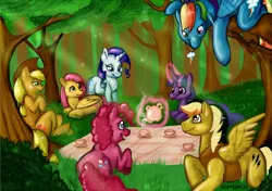 Size: 1361x959 | Tagged: applejack, artist:reaperfox, blanket, derpibooru import, fluttershy, forest, mane six, oc, picnic, pinkie pie, rainbow dash, rarity, safe, tea, teapot, twilight sparkle