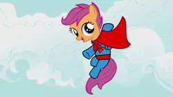 Size: 1920x1080 | Tagged: artist:ahumeniy, artist needed, clothes, cloud, cloudy, costume, derpibooru import, flying, safe, scootaloo, solo, superman