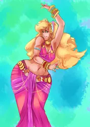 Size: 1280x1808 | Tagged: accessories, applebucking thighs, applejack, armpits, artist:sundown, belly button, belly dancer, breasts, cleavage, curvy, derpibooru import, ear piercing, earring, female, freckles, human, humanized, impossibly wide hips, jewelry, piercing, scar, solo, solo female, suggestive, wide hips