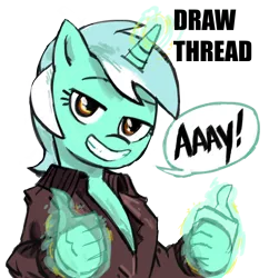 Size: 1028x1064 | Tagged: safe, artist:herny, derpibooru import, lyra heartstrings, pony, unicorn, 4chan, clothes, fonzie, hand, happy days, henry winkler, human behavior, magic, magic hands, simple background, smiling, solo, speech bubble, thumbs up, transparent background