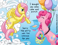 Size: 720x553 | Tagged: safe, artist:texasuberalles, derpibooru import, fluttershy, pinkie pie, earth pony, pegasus, pony, balloon, basket, cake, cloud, cloudy, duo, female, floating, flying, food, mare, picnic basket, then watch her balloons lift her up to the sky