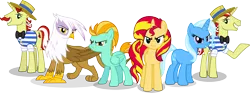 Size: 5226x1942 | Tagged: safe, artist:vector-brony, derpibooru import, flam, flim, gilda, lightning dust, sunset shimmer, trixie, gryphon, pony, antagonist, flim flam brothers, simple background, transparent background, vector