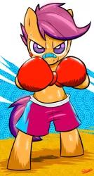 Size: 508x950 | Tagged: safe, artist:slypon, derpibooru import, scootaloo, pegasus, pony, bipedal, boxer, boxing gloves, clothes, female, filly, shorts, solo, sweat