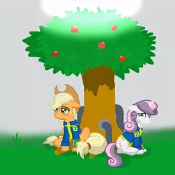 Size: 894x894 | Tagged: safe, artist:tomcullen, derpibooru import, applejack, sweetie belle, earth pony, pony, unicorn, fallout equestria, fanfic, alternate cutie mark, apple, apple tree, clothes, fanfic art, female, floppy ears, food, hat, hooves, horn, mare, ministry mares, pipbuck, sitting, stable, stable 2, tree, vault suit