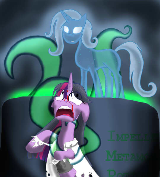 Size: 3600x4000 | Tagged: grimdark, artist:tomcullen, derpibooru import, trixie, twilight sparkle, pony, unicorn, fallout equestria, fanfic, fanfic art, female, floppy ears, goddess, hooves, horn, i.m.p., impelled metamorphosis potion, mare, maripony, ministry mares, open mouth, splendid valley, teeth, text, the goddess, the master (fallout), vat