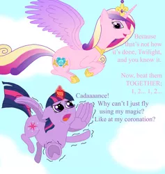 Size: 1024x1082 | Tagged: safe, artist:goldfox20, derpibooru import, princess cadance, twilight sparkle, twilight sparkle (alicorn), alicorn, pony, female, flying lesson, horn ring, magic suppression, mare