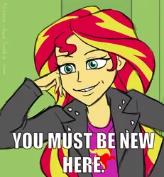 Size: 500x541 | Tagged: safe, artist:hasana-chan, derpibooru import, sunset shimmer, equestria girls, 30 minute art challenge, caption, condescending sunset shimmer, condescending wonka, image macro, meme, solo, you must be new here