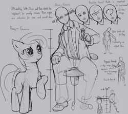 Size: 1182x1049 | Tagged: artist needed, safe, derpibooru import, oc, oc:anon, unofficial characters only, earth pony, human, pony, unicorn, /mlp/, anon in equestria, clothes, female, jewelry, mare, necklace, scrunchy face, sitting, size chart, sketch, suit
