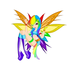 Size: 3300x3500 | Tagged: safe, artist:iikiui, derpibooru import, rainbow dash, fairy, believix, belly button, clothes, colored wings, fairy wings, fairyized, fingerless gloves, gloves, gradient wings, humanized, image, midriff, multicolored wings, png, purple shoes, rainbow wings, solo, sparkly wings, sports bra, style emulation, wings, winx club, winxified