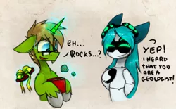 Size: 550x342 | Tagged: safe, artist:the--cloudsmasher, derpibooru import, oc, oc:cloudsmasher, oc:eden stone, unofficial characters only, robot, geology, present, rock