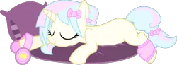 Size: 1325x488 | Tagged: safe, artist:xenoneal, derpibooru import, oc, oc:aurora, unofficial characters only, pony, unicorn, .svg available, cute, female, headphones, image, leg warmers, mare, pillow, prone, simple background, sleeping, solo, svg, transparent background, vector