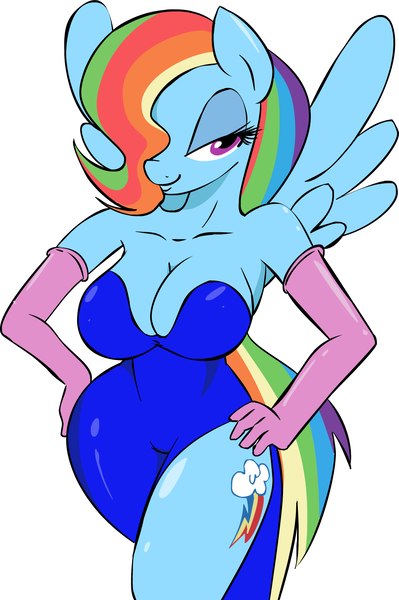 Size: 994x1493 | Tagged: suggestive, artist:zev, derpibooru import, rainbow dash, anthro, bedroom eyes, breasts, busty rainbow dash, cleavage, clothes, dress, evening gloves, female, gloves, hands on hip, image, jessica rabbit, latex, latex dress, latex gloves, parody, png, simple background, solo, solo female, white background, who framed roger rabbit, wide hips