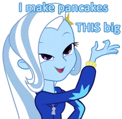 Size: 750x732 | Tagged: safe, derpibooru import, trixie, equestria girls, blue text, exploitable meme, image macro, look what trixie found, meme, pancakes, solo, spider-man, trixie yells at everything