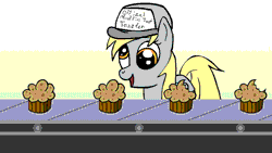 Size: 1280x720 | Tagged: dead source, safe, artist:animatorphoenix, artist:metalbluephoenix, derpibooru import, derpy hooves, pegasus, pony, animated, assembly line, dream job, eating, factory, female, hat, job, mare, muffin, solo, that pony sure does love muffins, this will end in weight gain, you're doing it wrong