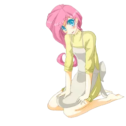 Size: 2500x2500 | Tagged: artist:applestems, barefoot, clothes, cute, derpibooru import, feet, fluttershy, humanized, kneeling, looking at you, open mouth, safe, simple background, sitting, smiling, solo, sweater, sweater dress, sweatershy