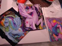 Size: 1024x768 | Tagged: safe, artist:hezaa, derpibooru import, official, princess celestia, rainbow dash, twilight sparkle, twilight sparkle (alicorn), alicorn, pony, clothes, female, irl, mare, merchandise, modern art, nouveau, photo, pinklestia, t-shirt, welovefine