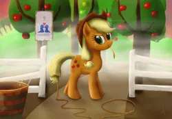 Size: 900x628 | Tagged: applejack, artist:everypone, derpibooru import, fence, lasso, orchard, rope, safe, solo, tree