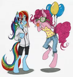 Size: 800x840 | Tagged: safe, artist:xenon, derpibooru import, pinkie pie, rainbow dash, pony, semi-anthro, arm hooves, balloon, bipedal, clothes, earring, groucho mask, ponytail, silly, silly pony, tongue out