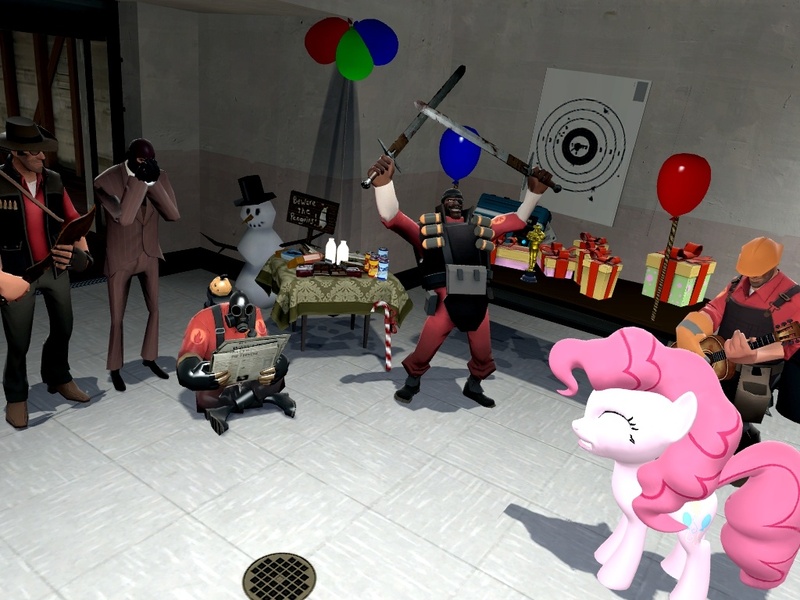 Size: 1024x768 | Tagged: 2fort, balloon, demoman, derpibooru import, engineer, gmod monster, party, pinkie pie, pyro, safe, sniper, soldier, spy, team fortress 2