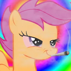 Size: 848x848 | Tagged: 420, derpibooru import, drugs, marijuana, safe, scootaloo, solo, trippy