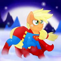 Size: 1600x1600 | Tagged: app-el, applejack, artist:blackbewhite2k7, crossover, derpibooru import, man of steel, parody, safe, snow, snowfall, solo, superman, supermare