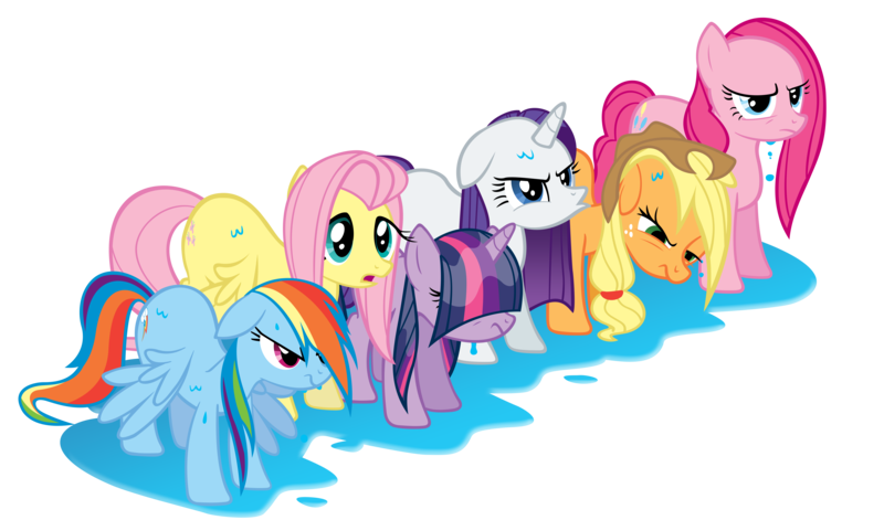 Size: 7363x4339 | Tagged: safe, artist:tabby444, derpibooru import, applejack, fluttershy, pinkie pie, rainbow dash, rarity, twilight sparkle, pony, friendship is magic, absurd resolution, angry, bangs, cute, floppy ears, frown, glare, hair over eyes, image, line-up, mane six, open mouth, png, pouting, puddle, simple background, transparent background, unamused, vector, water, weapons-grade cute, wet, wet mane, wet mane rarity, wet mane twilight sparkle