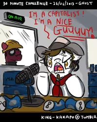 Size: 1275x1600 | Tagged: 30 minute art challenge, angry, artist:king-kakapo, cans, cowboy hat, d:, derp, derpibooru import, engineer, floppy ears, frown, glare, hat, microphone, neckerchief, open mouth, ponified, safe, :t, team fortress 2, the man they call ghost, true capitalist radio, yelling