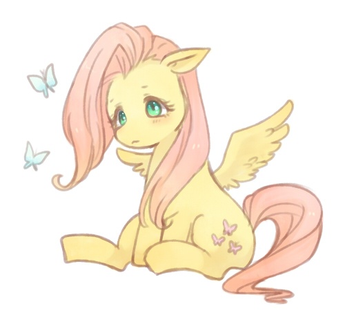 Size: 500x450 | Tagged: safe, artist:watabcotton, derpibooru import, fluttershy, butterfly, pegasus, pony, cute, pixiv, shyabetes, sitting, solo