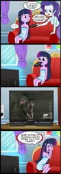 Size: 712x1998 | Tagged: safe, artist:madmax, derpibooru import, edit, rarity, twilight sparkle, equestria girls, comic, exploitable meme, meme, mother of celestia, mouth hold, pony (sony), remote, resident evil 6, television, towel, tv meme, what's wrong with this place