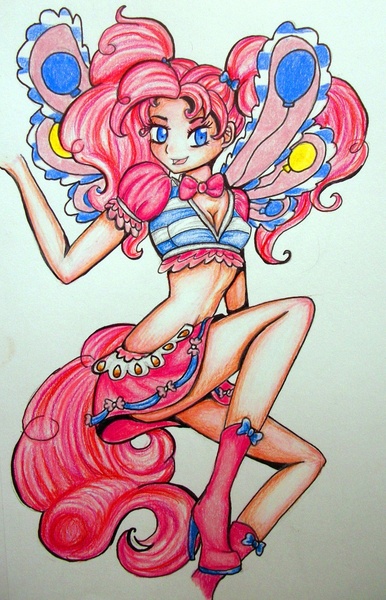 Size: 701x1090 | Tagged: artist:divinekitten, breasts, cleavage, clothes, derpibooru import, fairy, fairy wings, female, humanized, magic winx, midriff, pinkie pie, safe, skinny, solo, tailed humanization, traditional art, wings, winx club, winxified