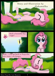 Size: 1262x1754 | Tagged: artist:helenasherzblut, butterfly, comic, cute, derpibooru import, lost memories, on back, pinkie pie, safe, sleeping, stretching