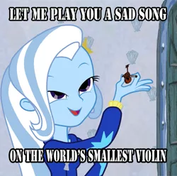 Size: 837x830 | Tagged: safe, derpibooru import, trixie, equestria girls, female, look what trixie found, meme, reaction image, reference, solo, spongebob squarepants, squilliam returns, violin, world's smallest violin