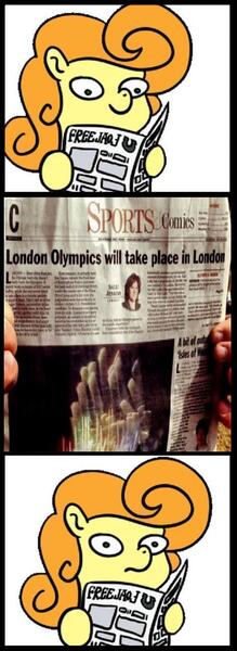 Size: 474x1300 | Tagged: safe, artist:muffinexplosion, derpibooru import, carrot top, golden harvest, pony, captain obvious, error x, exploitable meme, female, london, newspaper, newspaper meme, olympics