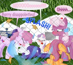 Size: 1280x1139 | Tagged: safe, artist:ajmstudios, derpibooru import, berry punch, berryshine, cheerilee, rarity, scootaloo, sweetie belle, chainlink fence, faceplant, fence, image, jpeg, police, police car, pun, sad, scootaquest, splash, splashing, station wagon, tents, water