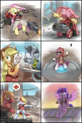 Size: 1400x2100 | Tagged: safe, artist:stupjam, derpibooru import, applejack, big macintosh, fluttershy, pinkie pie, rainbow dash, rarity, twilight sparkle, twilight sparkle (alicorn), zecora, alicorn, earth pony, pegasus, pony, unicorn, zebra, magical mystery cure, bandage, bipedal, cannon, comic, crossbow, crossover, engineer, female, gun, heavy, hooves, horn, image, knife, liarjack, machine gun, male, mane six, mare, medic, open mouth, optical sight, party cannon, pinkamena diane pie, png, rifle, rocket, roof, rubber chicken, scout, scrunchy face, sentry, sniper, sniper rifle, stallion, sunglasses, sword, team fortress 2, teeth, tongue out, twilight snapple, weapon, wings