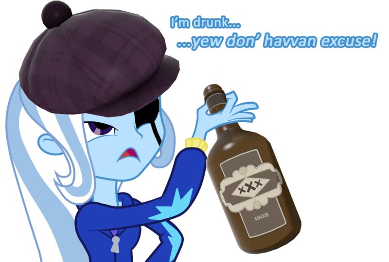 Size: 1110x749 | Tagged: safe, derpibooru import, trixie, equestria girls, alcohol, bottle, demoman, drunk, drunk trixie, exploitable meme, eyepatch, hat, image macro, inverted mouth, look what trixie found, meme, scrumpy, solo, team fortress 2, the great and alcoholics trixie, trixie yells at everything