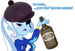 Size: 1110x749 | Tagged: safe, derpibooru import, trixie, equestria girls, alcohol, bottle, demoman, drunk, drunk trixie, exploitable meme, eyepatch, hat, image macro, inverted mouth, look what trixie found, meme, scrumpy, solo, team fortress 2, the great and alcoholics trixie, trixie yells at everything