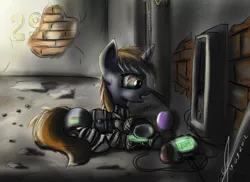 Size: 900x655 | Tagged: semi-grimdark, derpibooru import, oc, oc:littlepip, unofficial characters only, pony, unicorn, fallout equestria, fanfic, clothes, cutie mark, fanfic art, female, hooves, horn, lilpip, lying down, mare, memory orb, open mouth, pipbuck, prone, saddle bag, solo, the color purple, vault suit