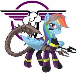 Size: 900x900 | Tagged: safe, artist:tomcullen, derpibooru import, rainbow dash, pegasus, pony, fallout equestria, fanfic, armor, battle saddle, camouflage, clothes, costume, cutie mark background, enclave armor, energy weapon, fanfic art, female, gun, hooves, magical energy weapon, mare, ministry mares, ministry of awesome, novasurge rifle, power armor, scorpion tail, shadowbolt armor, shadowbolt dash, shadowbolt power armor, shadowbolts, shadowbolts costume, smiling, solo, teeth, weapon, wings
