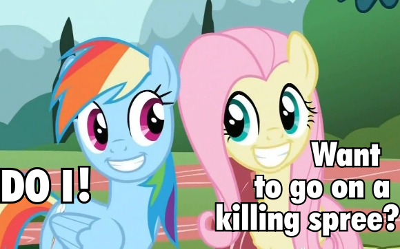 Size: 580x362 | Tagged: cropped, derpibooru import, duo, edit, edited screencap, faic, fluttershy, image macro, killing spree, may the best pet win, rainbow dash, safe, screencap