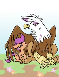 Size: 500x647 | Tagged: safe, artist:magicmaus, derpibooru import, gilda, scootaloo, gryphon, crying, happy, hug, image, looking at each other, png, protecting, sad, winghug