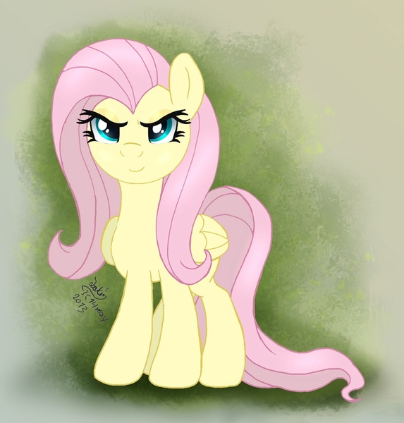 Size: 965x1010 | Tagged: safe, artist:joakaha, derpibooru import, fluttershy, pegasus, pony, female, mare, signature, smiling, solo