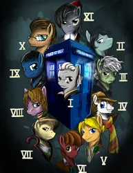 Size: 850x1100 | Tagged: artist:d-lowell, doctor who, doctor whooves, eighth doctor, eleventh doctor, fifth doctor, first doctor, fourth doctor, glasses, ninth doctor, ponified, safe, second doctor, seventh doctor, sixth doctor, tardis, tenth doctor, third doctor, time turner