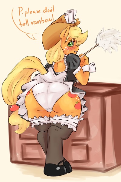 Size: 1280x1920 | Tagged: dead source, questionable, artist:sundown, derpibooru import, applejack, pony, applebucking thighs, applebutt, bipedal, blushing, clothes, cuffs, dress, duster, embarrassed, female, french maid, hat, lip bite, maid, maidjack, panties, plot, raised tail, skirt, solo, solo female, stockings, tail, underwear, upskirt, wide hips