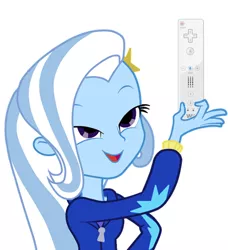 Size: 411x450 | Tagged: safe, derpibooru import, trixie, equestria girls, exploitable meme, look what trixie found, meme, nintendo, solo, wii remote